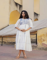 Thumbnail for Juniper White Tiered Ethnic Maxi Dress with Powder Blue Floral Embroidery