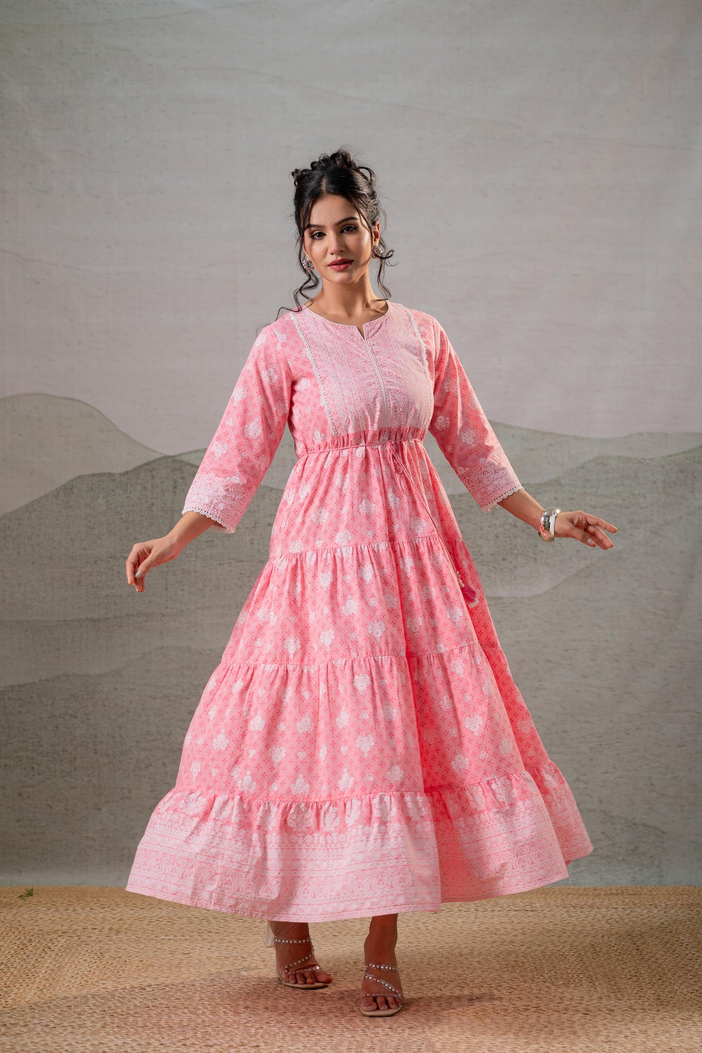 Juniper Baby Pink Tiered Anarkali Dress - Distacart