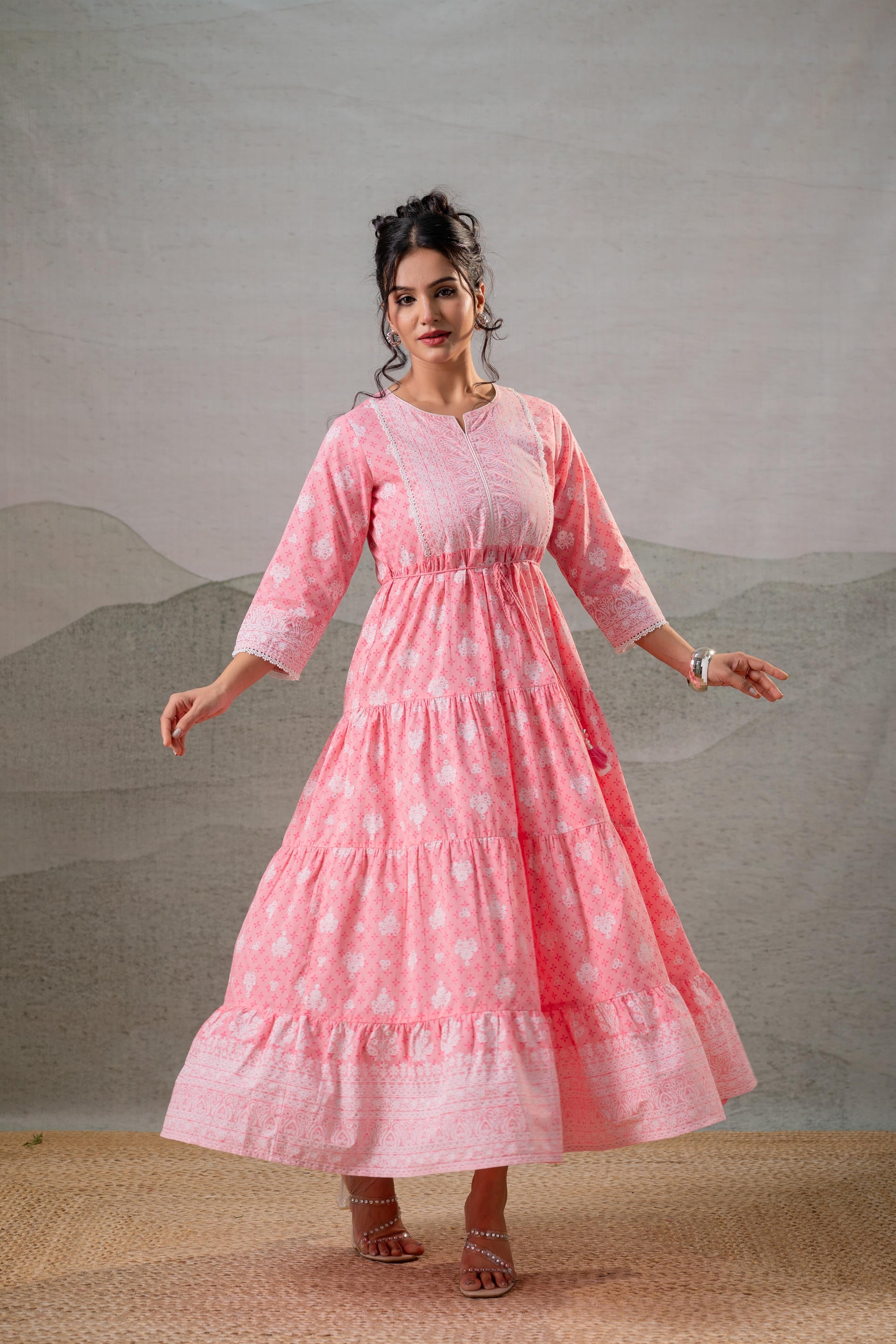 Juniper Baby Pink Tiered Anarkali Dress - Distacart
