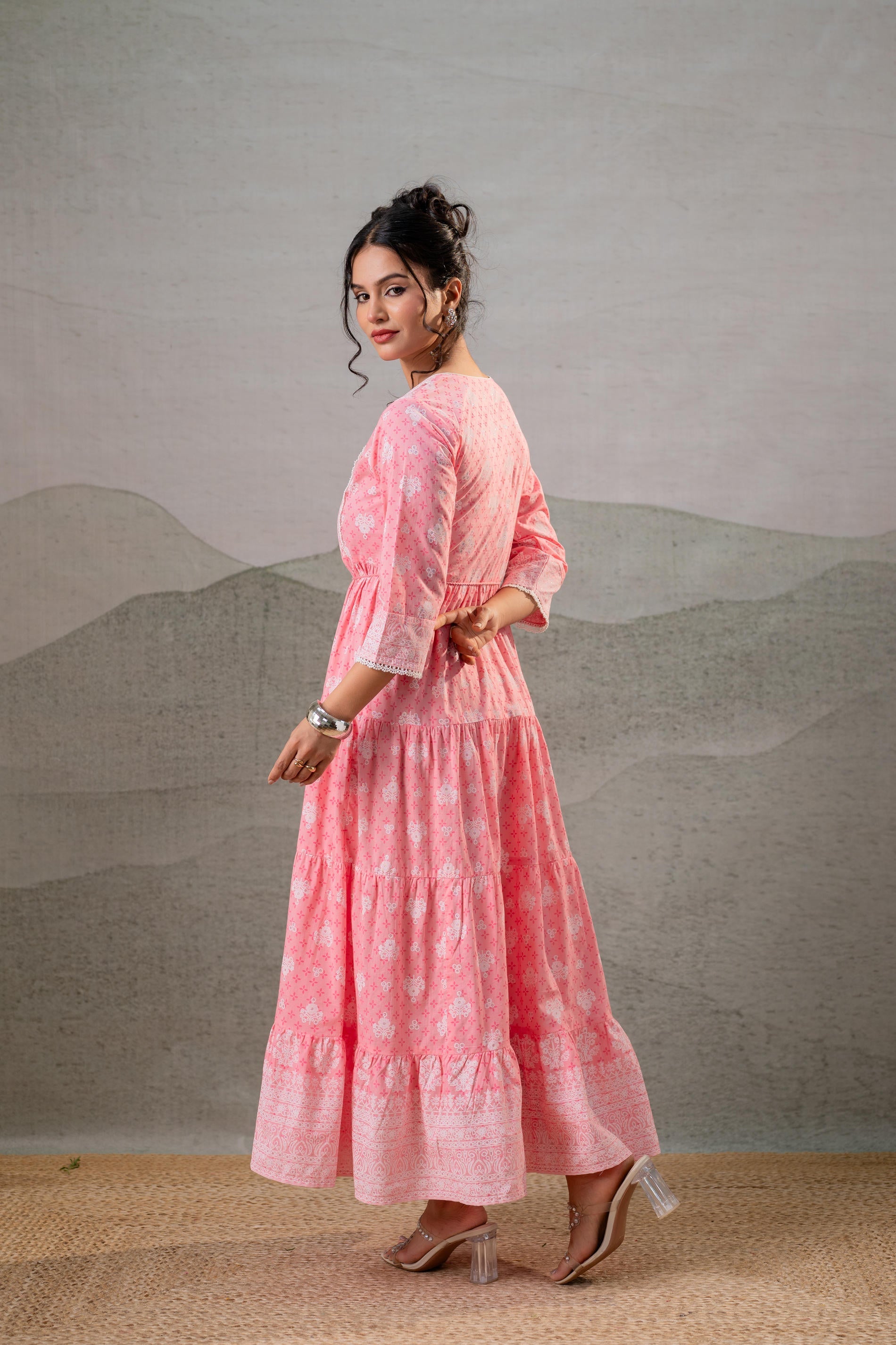 Juniper Baby Pink Tiered Anarkali Dress - Distacart
