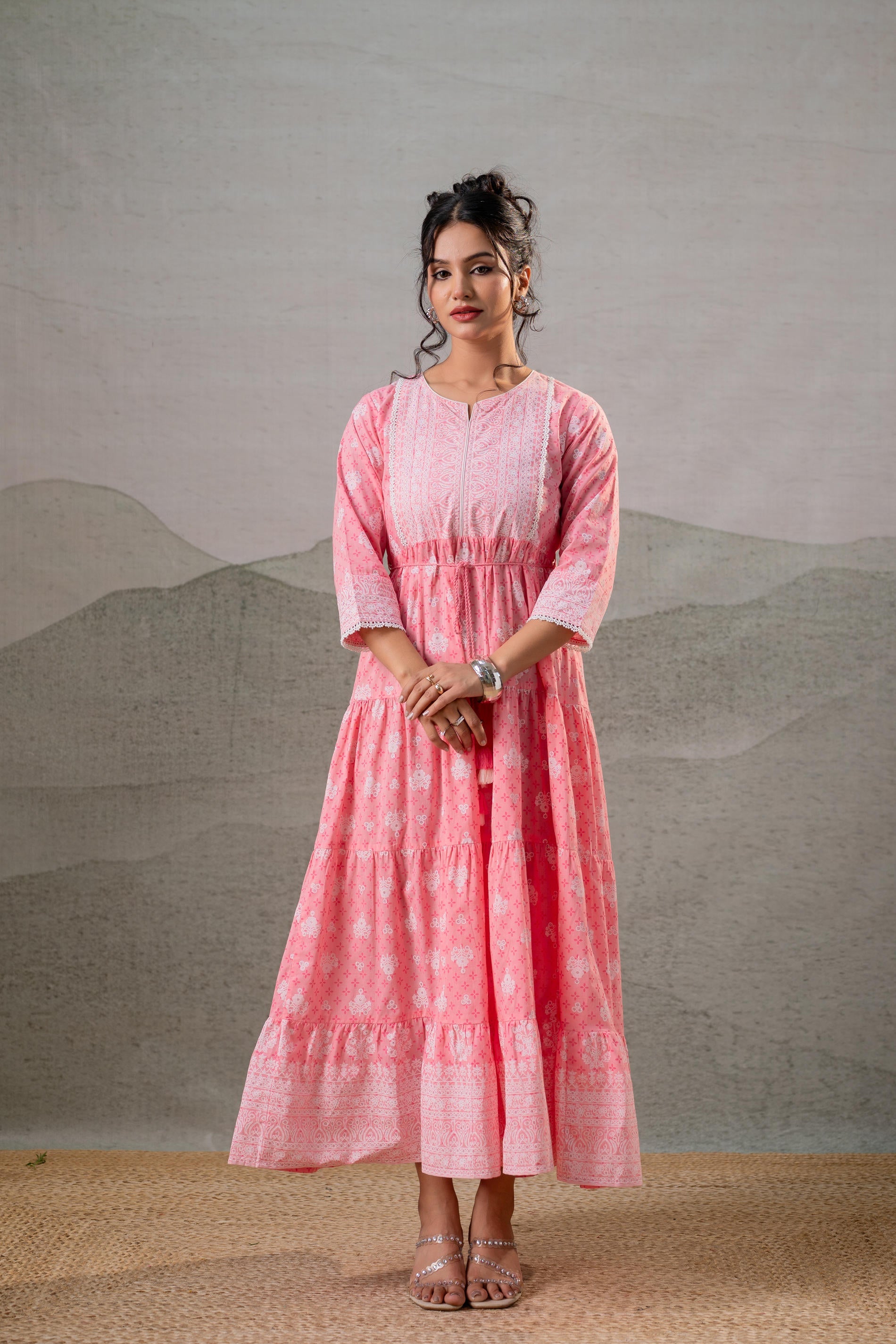 Juniper Baby Pink Tiered Anarkali Dress - Distacart