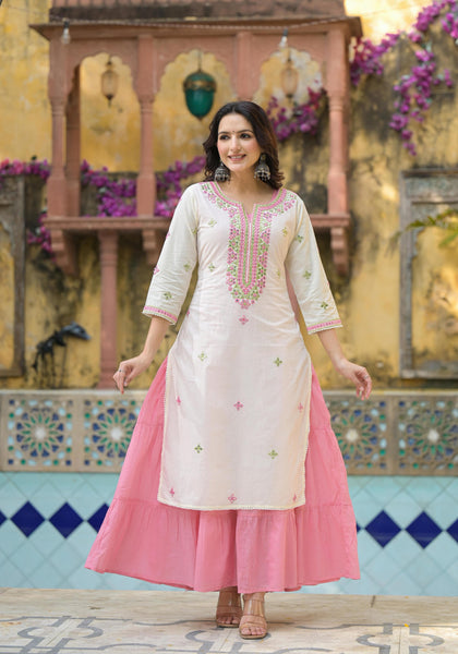 Juniper Ivory & Pink Solid Cotton Long Dress With Thread & Mirror Work