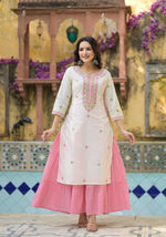Thumbnail for Juniper Ivory & Pink Solid Cotton Long Dress With Thread & Mirror Work - Distacart