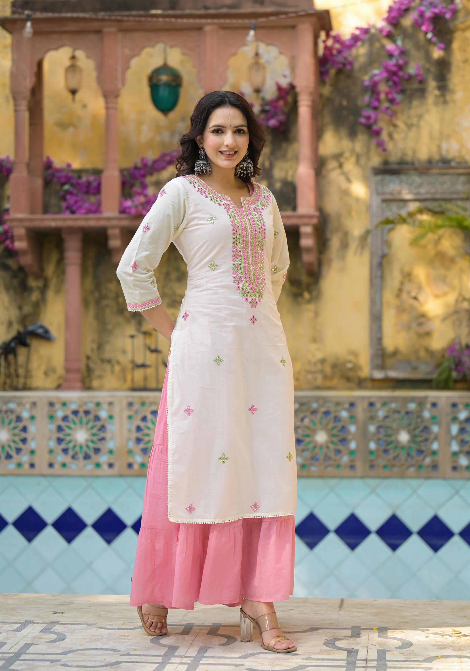 Juniper Ivory & Pink Solid Cotton Long Dress With Thread & Mirror Work - Distacart