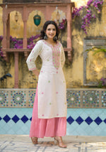 Thumbnail for Juniper Ivory & Pink Solid Cotton Long Dress With Thread & Mirror Work