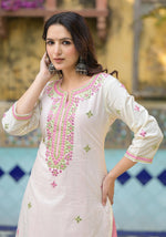 Thumbnail for Juniper Ivory & Pink Solid Cotton Long Dress With Thread & Mirror Work