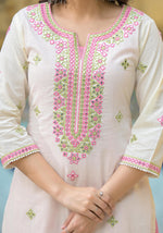 Thumbnail for Juniper Ivory & Pink Solid Cotton Long Dress With Thread & Mirror Work - Distacart