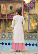 Thumbnail for Juniper Ivory & Pink Solid Cotton Long Dress With Thread & Mirror Work
