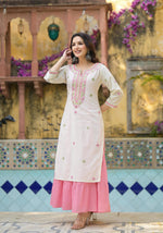 Thumbnail for Juniper Ivory & Pink Solid Cotton Long Dress With Thread & Mirror Work