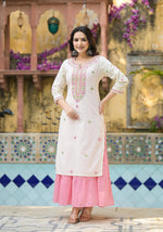 Thumbnail for Juniper Ivory & Pink Solid Cotton Long Dress With Thread & Mirror Work