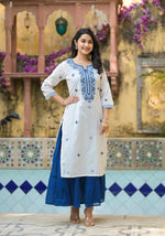 Thumbnail for Juniper White & Blue Solid Cotton Long Dress With Thread & Mirror Work
