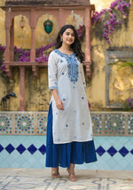 Thumbnail for Juniper White & Blue Solid Cotton Long Dress With Thread & Mirror Work - Distacart