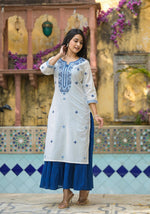 Thumbnail for Juniper White & Blue Solid Cotton Long Dress With Thread & Mirror Work - Distacart