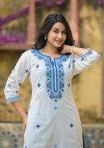 Thumbnail for Juniper White & Blue Solid Cotton Long Dress With Thread & Mirror Work