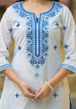 Thumbnail for Juniper White & Blue Solid Cotton Long Dress With Thread & Mirror Work - Distacart
