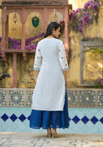 Thumbnail for Juniper White & Blue Solid Cotton Long Dress With Thread & Mirror Work