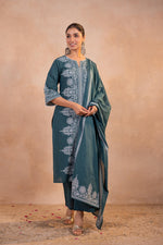Thumbnail for Juniper Teal Printed Kurta Pant And Dupatta Set - Distacart