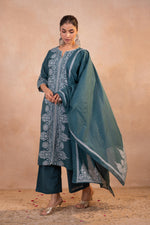 Thumbnail for Juniper Teal Printed Kurta Pant And Dupatta Set - Distacart
