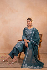 Thumbnail for Juniper Teal Printed Kurta Pant And Dupatta Set - Distacart
