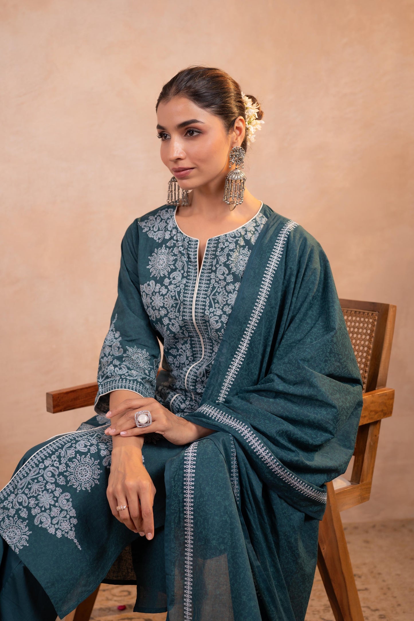 Juniper Teal Printed Kurta Pant And Dupatta Set - Distacart