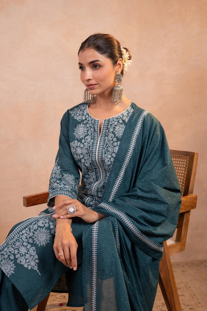 Juniper Teal Printed Kurta Pant And Dupatta Set - Distacart