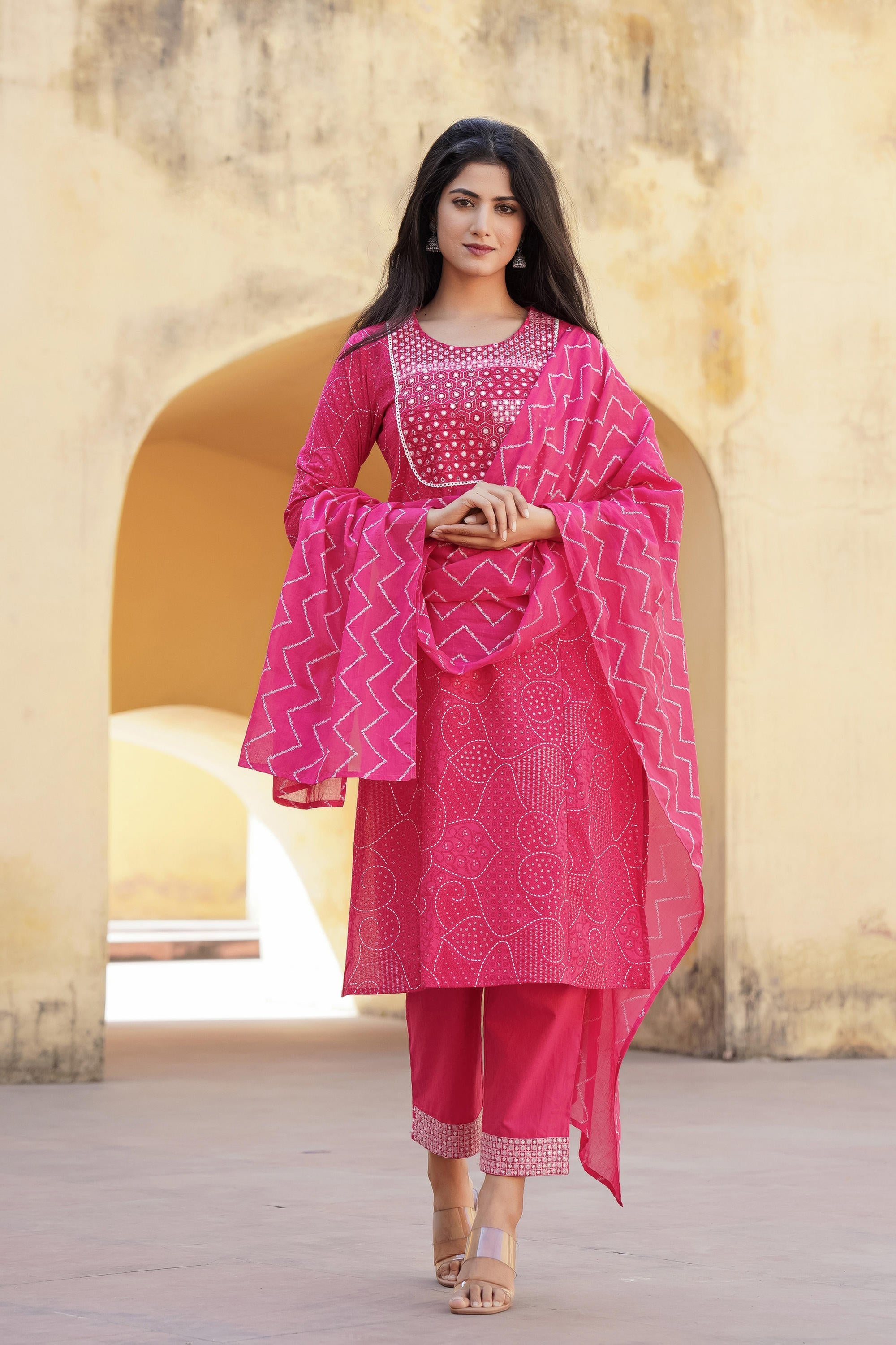 Juniper Fuchsia Ethnic Motif Printed Cotton Kurta Pant And Dupatta Set With Mirror & Thread Work - Distacart