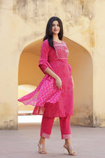 Thumbnail for Juniper Fuchsia Ethnic Motif Printed Cotton Kurta Pant And Dupatta Set With Mirror & Thread Work - Distacart