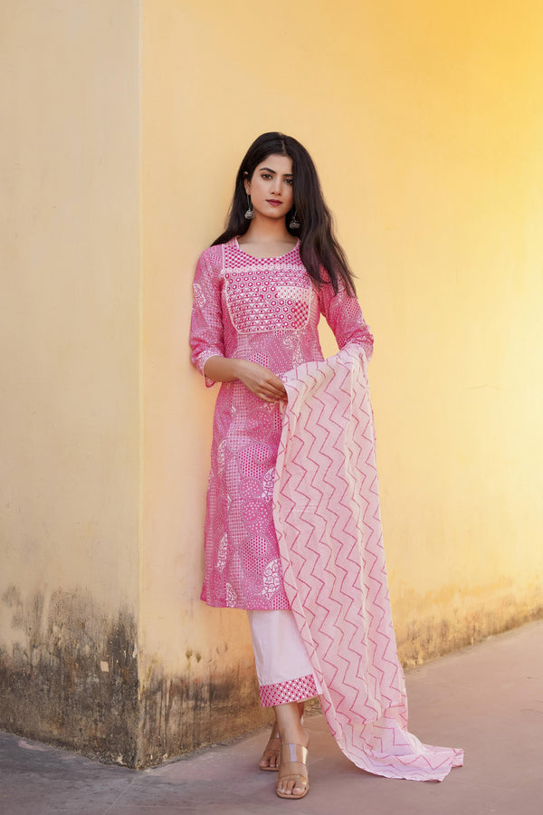 Juniper Light Pink Ethnic Motif Printed Kurta Pant And Dupatta Set With Mirror & Thread Work - Distacart