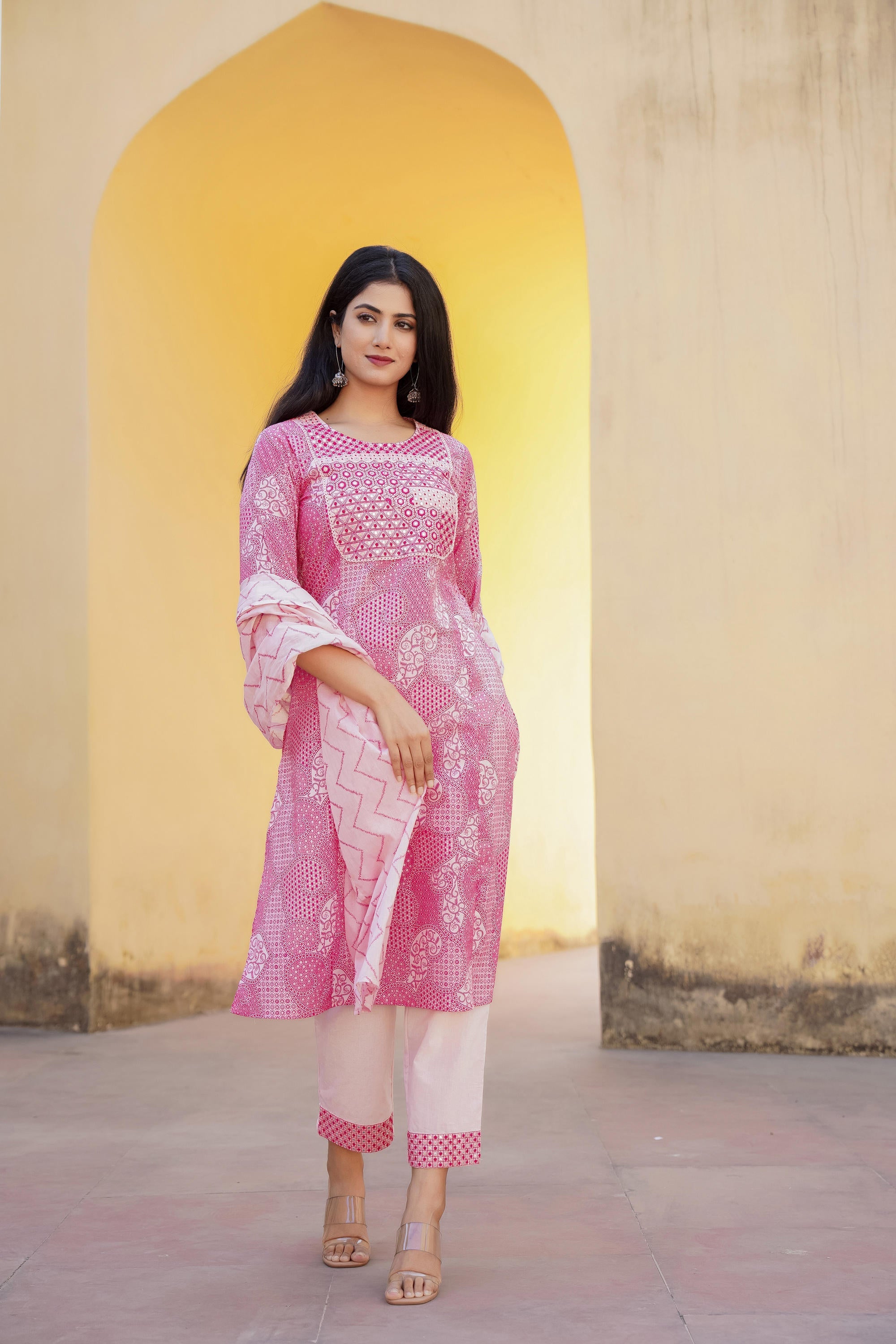Juniper Light Pink Ethnic Motif Printed Kurta Pant And Dupatta Set With Mirror & Thread Work - Distacart