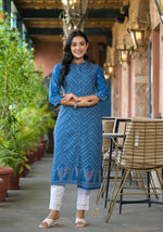 Thumbnail for Juniper Blue Ethnic Motif Printed Viscose Kurta With Button Closure