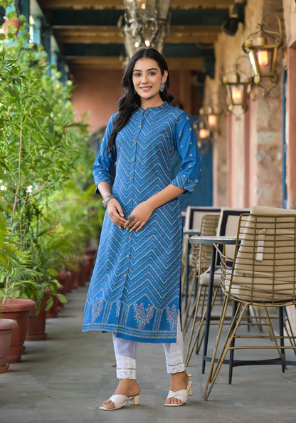 Juniper Women's Blue Ethnic Motif Printed Viscose Kurta With Button Closure - Distacart