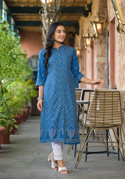 Juniper Women's Blue Ethnic Motif Printed Viscose Kurta With Button Closure - Distacart