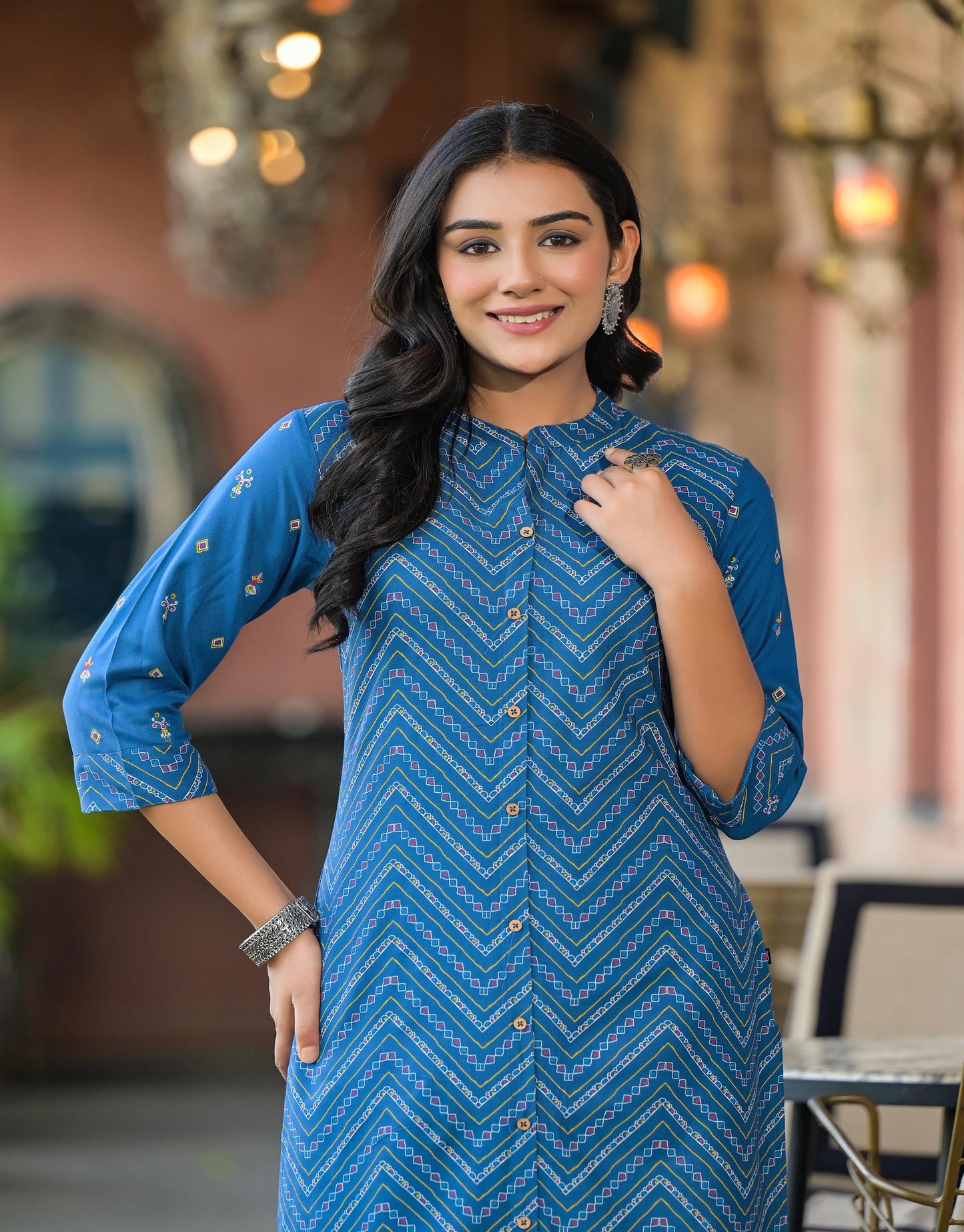 Juniper Women's Blue Ethnic Motif Printed Viscose Kurta With Button Closure - Distacart