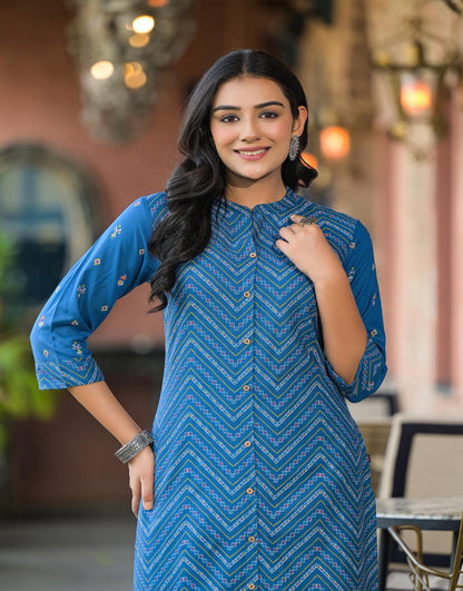 Juniper Women's Blue Ethnic Motif Printed Viscose Kurta With Button Closure - Distacart