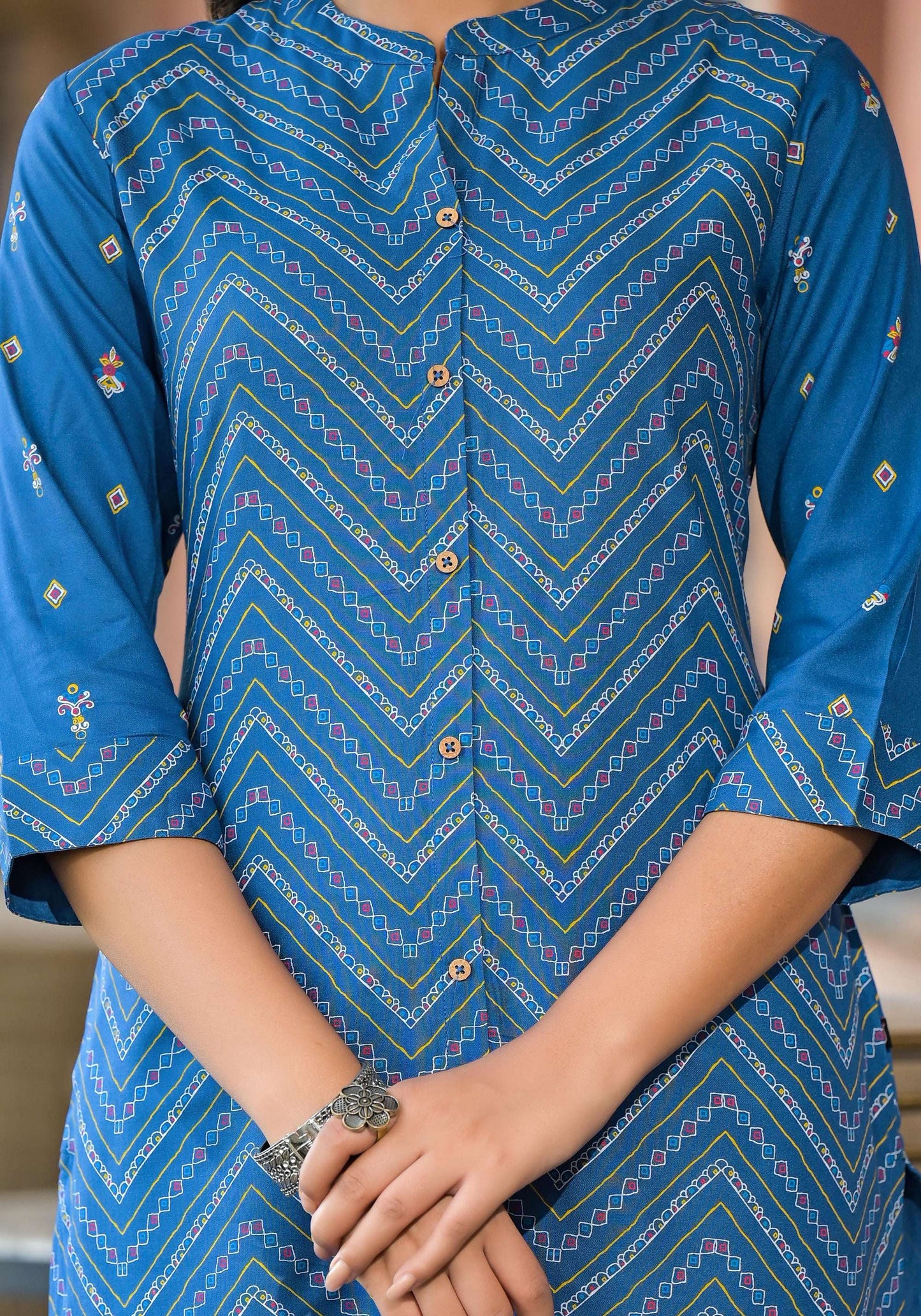 Juniper Women's Blue Ethnic Motif Printed Viscose Kurta With Button Closure - Distacart