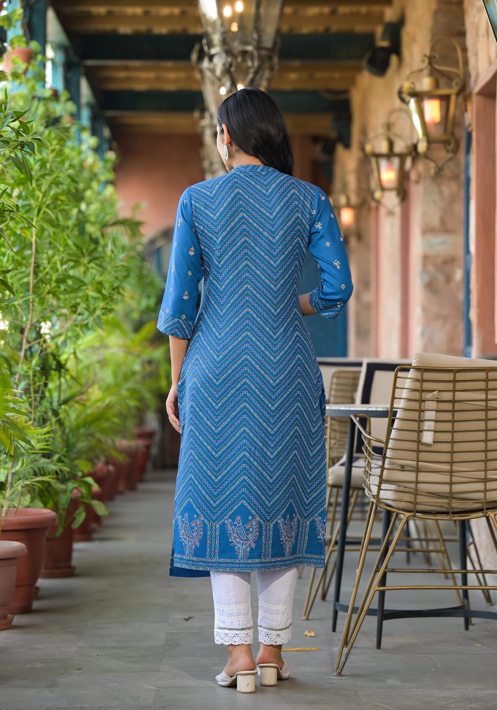 Juniper Blue Ethnic Motif Printed Viscose Kurta With Button Closure