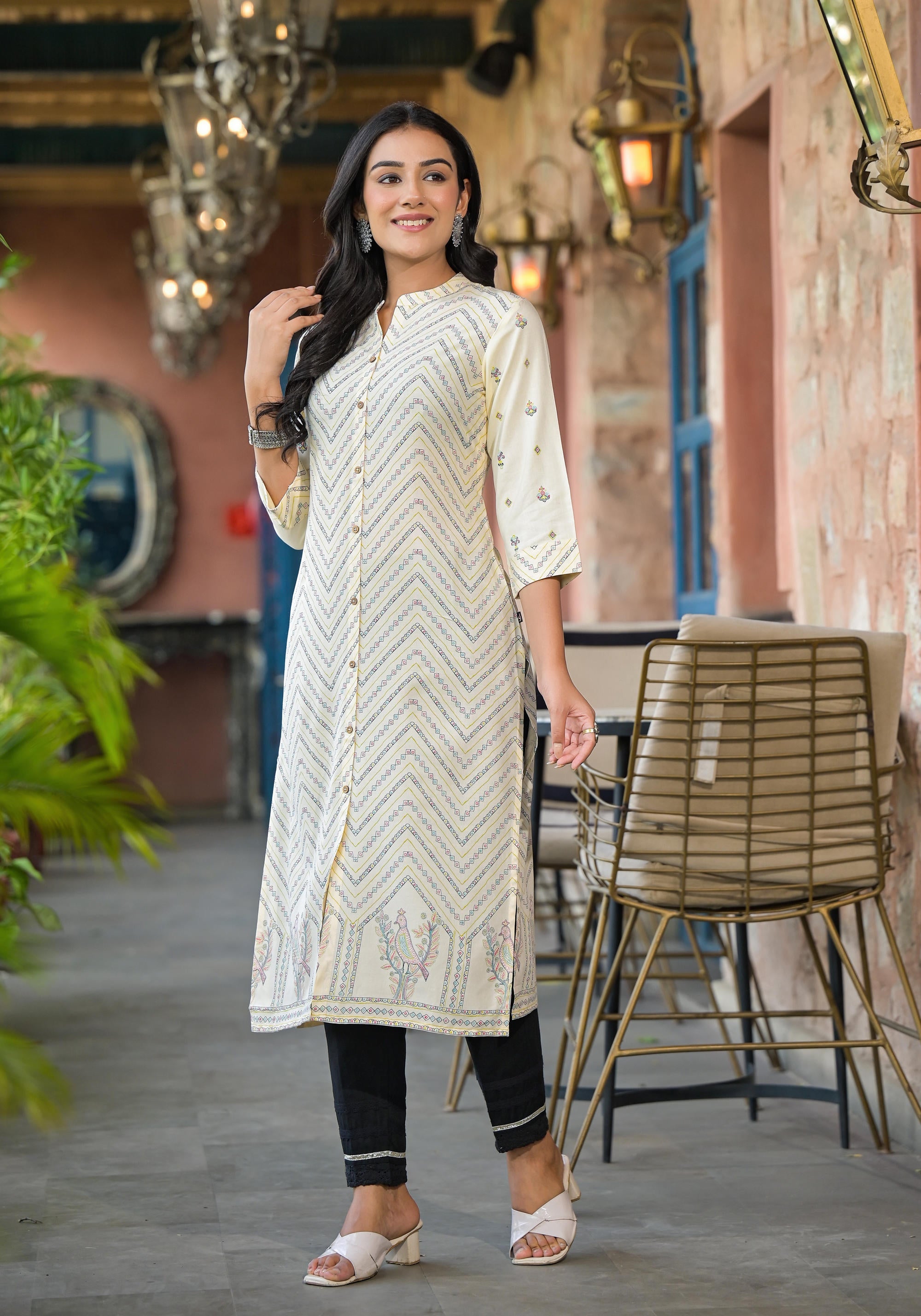 Juniper Women's Ivory Ethnic Motif Printed Viscose Kurta With Button Closure - Distacart