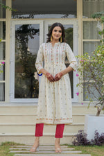 Thumbnail for Juniper Ivory Floral Printed Cotton Kurta With Thread Work & Lace - Distacart