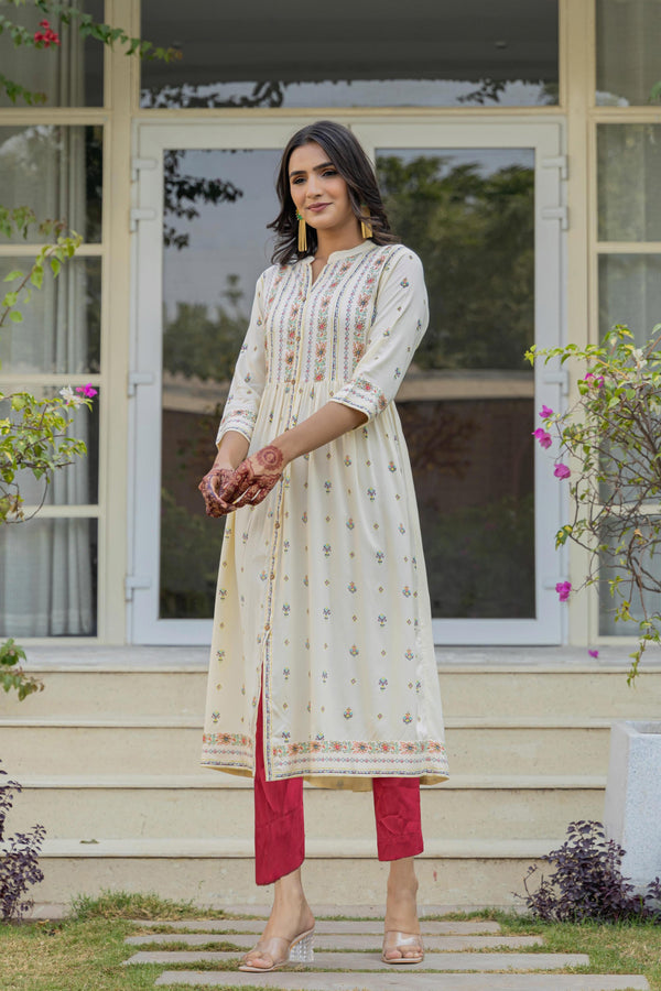 Juniper Ivory Floral Printed Cotton Kurta With Thread Work & Lace - Distacart