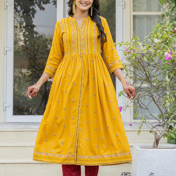 Juniper Mustard Floral Printed Cotton Kurta With Thread Work & Lace