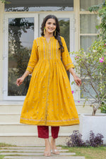 Thumbnail for Juniper Mustard Floral Printed Cotton Kurta With Thread Work & Lace