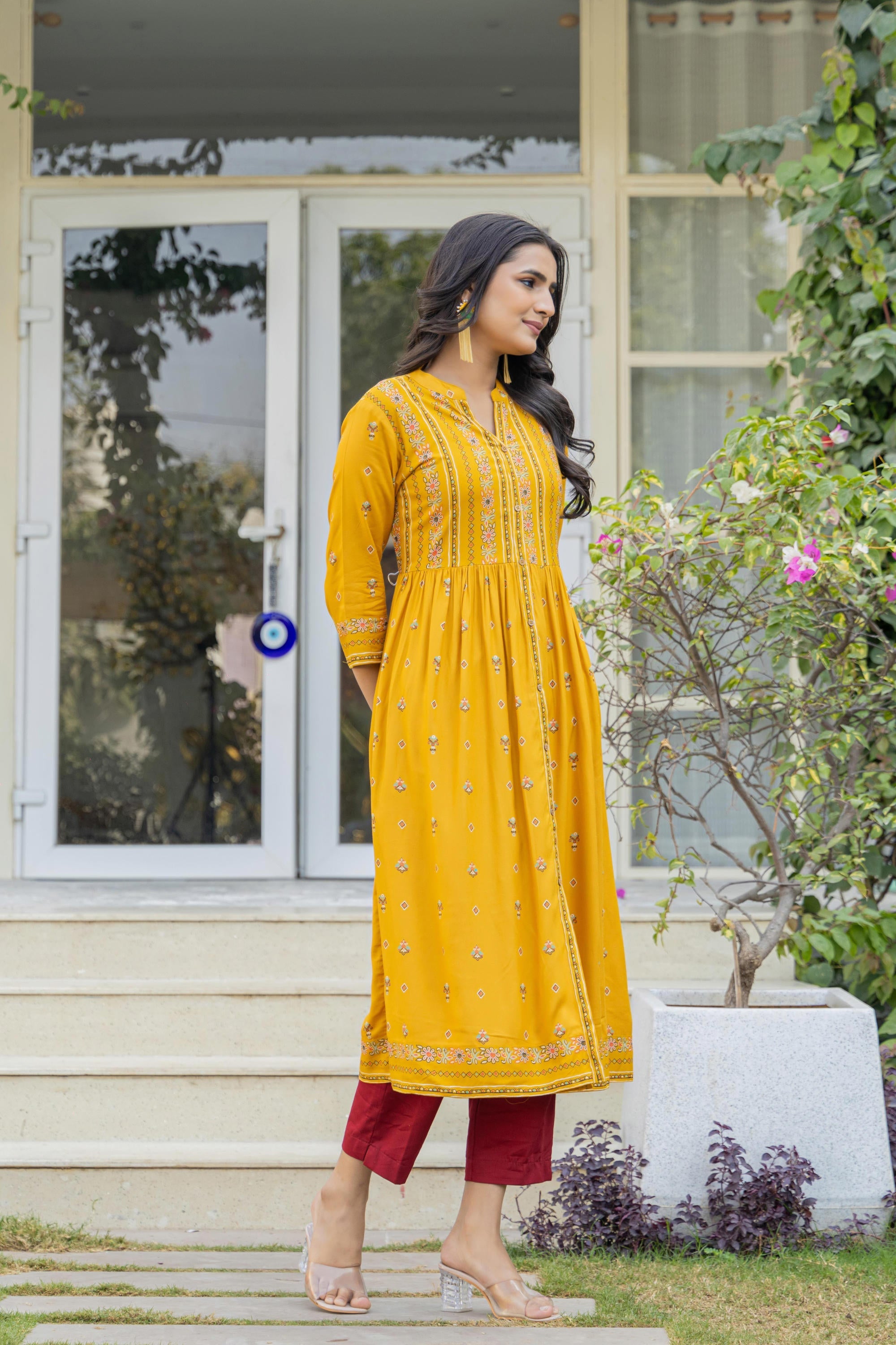 Juniper Mustard Floral Printed Cotton Kurta With Thread Work & Lace
