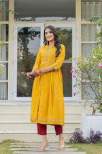 Thumbnail for Juniper Mustard Floral Printed Cotton Kurta With Thread Work & Lace
