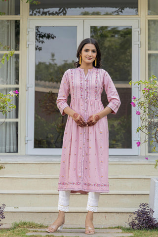 Juniper Pink Floral Printed Viscose Kurta With Buttons - Distacart
