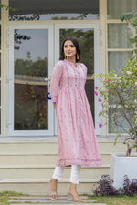 Thumbnail for Juniper Pink Floral Printed Viscose Kurta With Buttons - Distacart