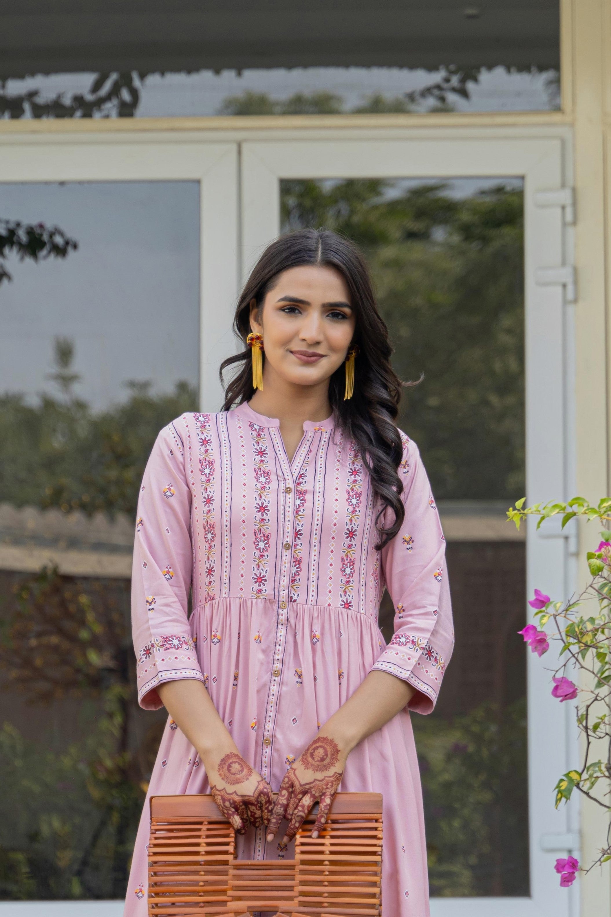 Juniper Pink Floral Printed Viscose Kurta With Buttons - Distacart