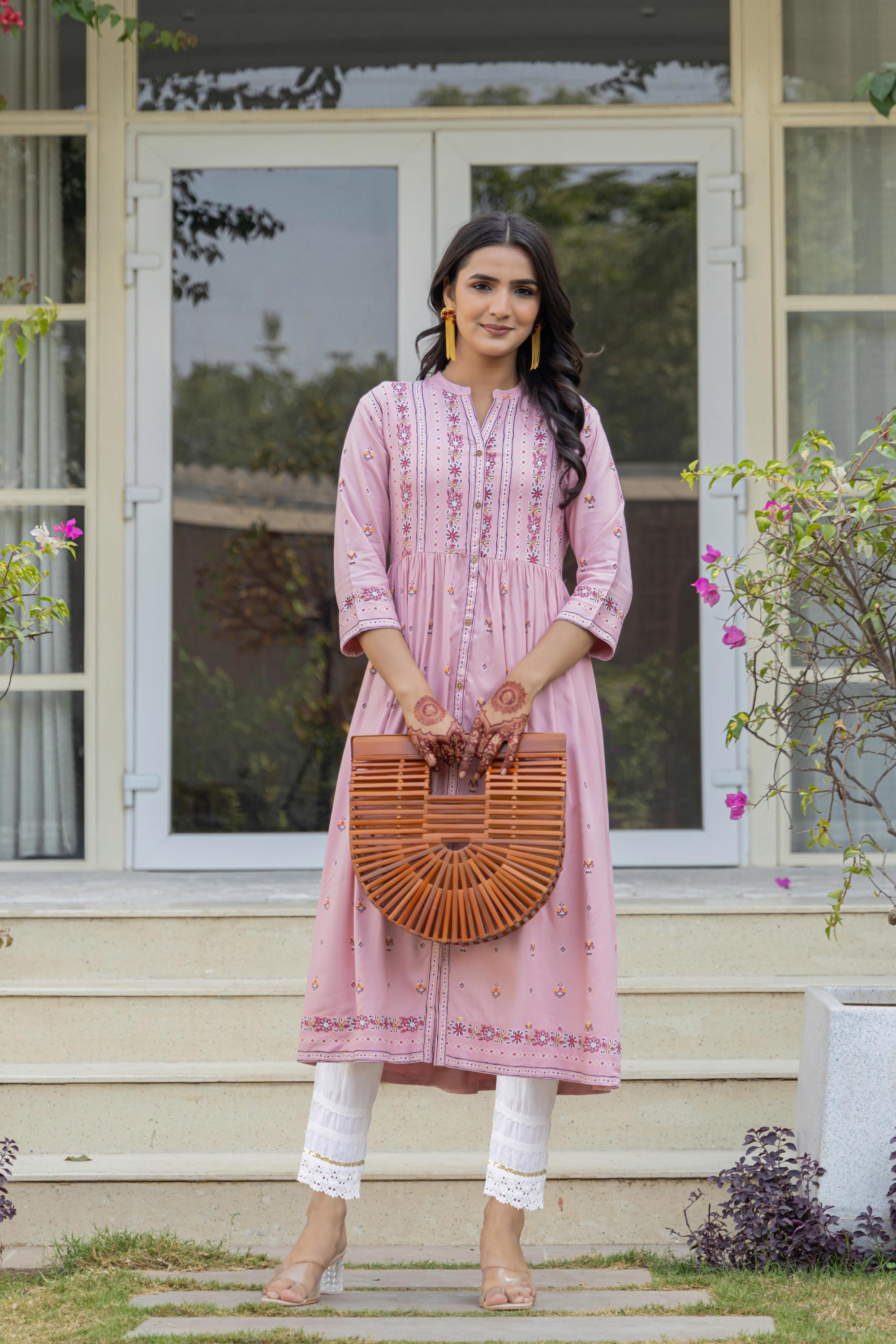 Juniper Pink Floral Printed Viscose Kurta With Buttons - Distacart