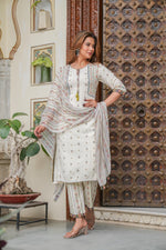 Thumbnail for Juniper Off white printed kurta , Printed bottom and floral dupatta with dori and tassel - Distacart