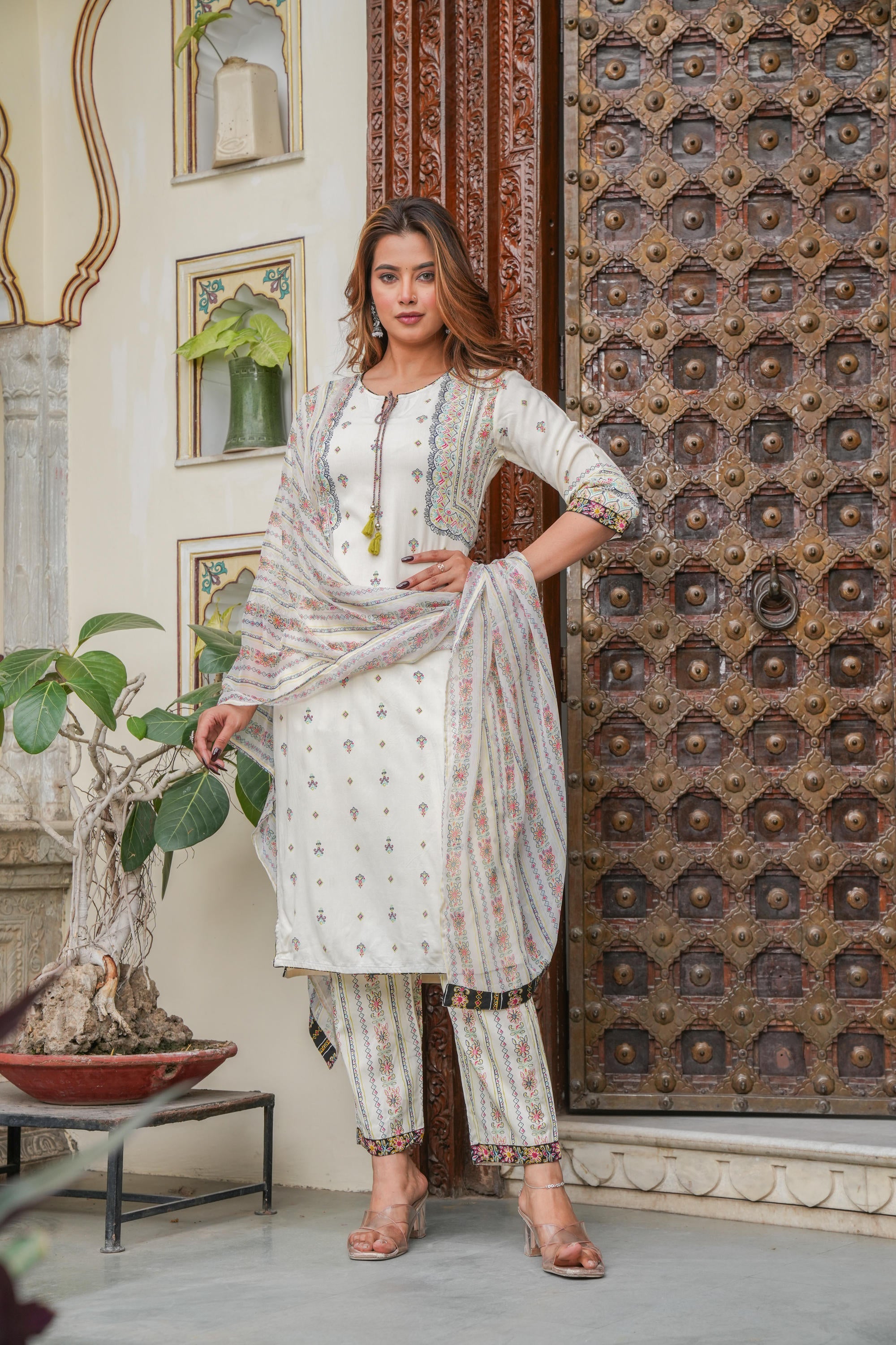 Juniper Off white printed kurta , Printed bottom and floral dupatta with dori and tassel - Distacart