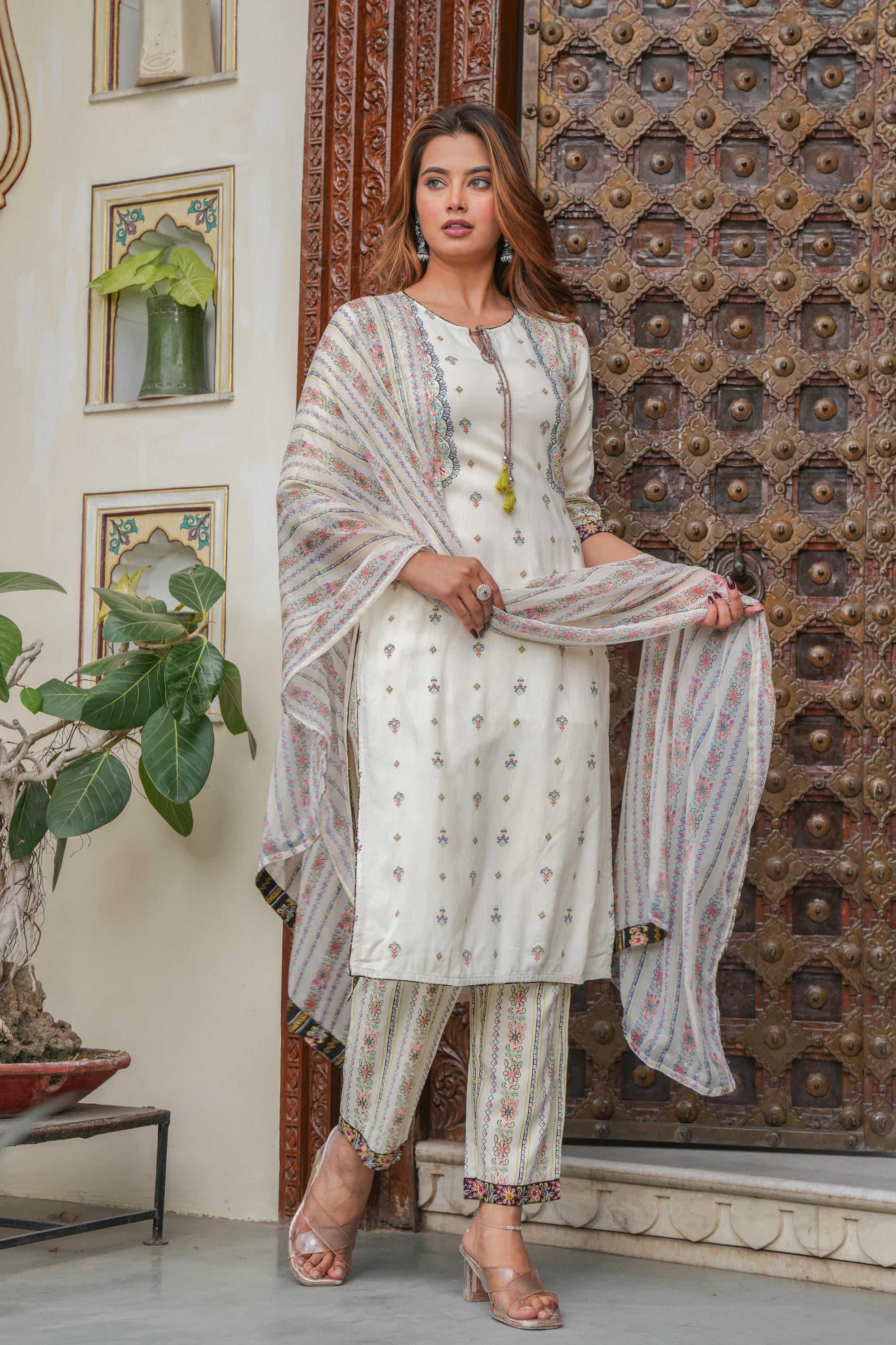 Juniper Off white printed kurta , Printed bottom and floral dupatta with dori and tassel - Distacart